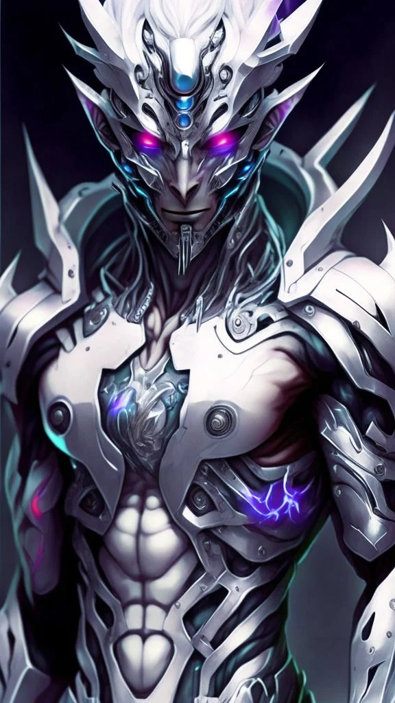 silver skinned anime Dragman cyberpunk with dragon mask in his eyes full body