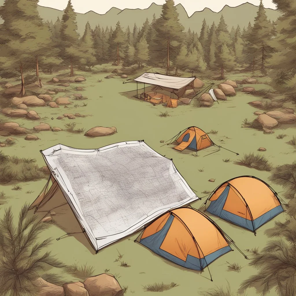 map, camp ground, top view, comic book, sketch, nature,