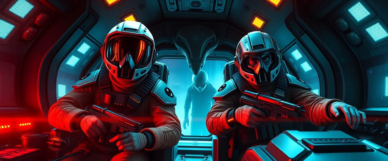 cowboy astronauts in a spaceship cyberpunk warhammer madness, alien hiding in the shadows, one character without helmet, briefing, general