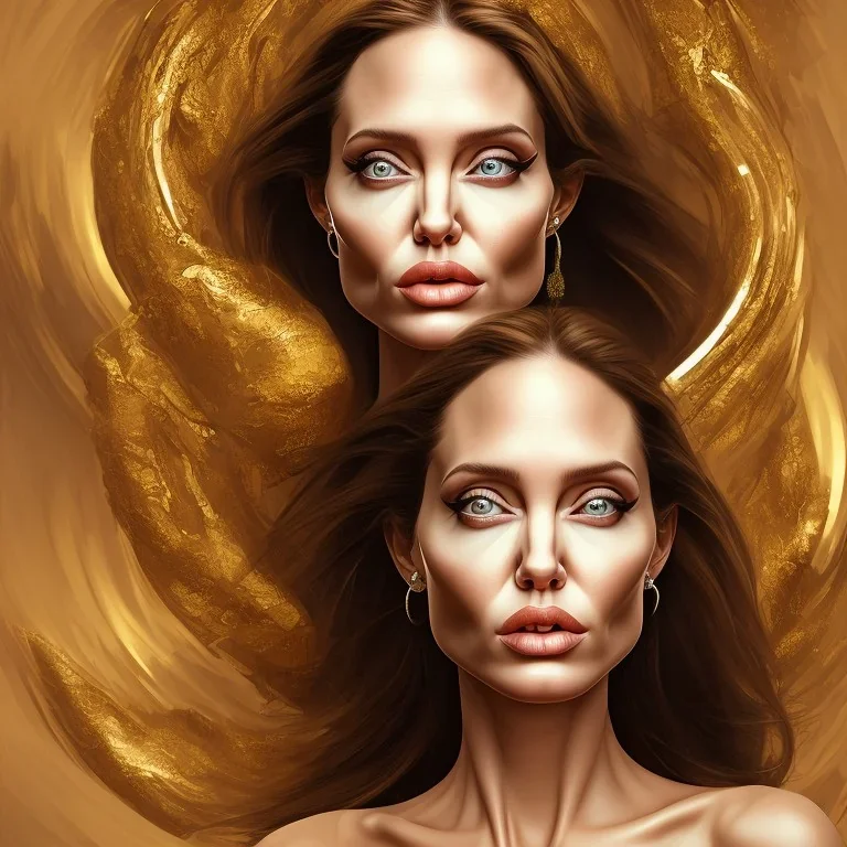 centered, Realist, head and shoulders portrait, angelina jolie face, golden dress athena god