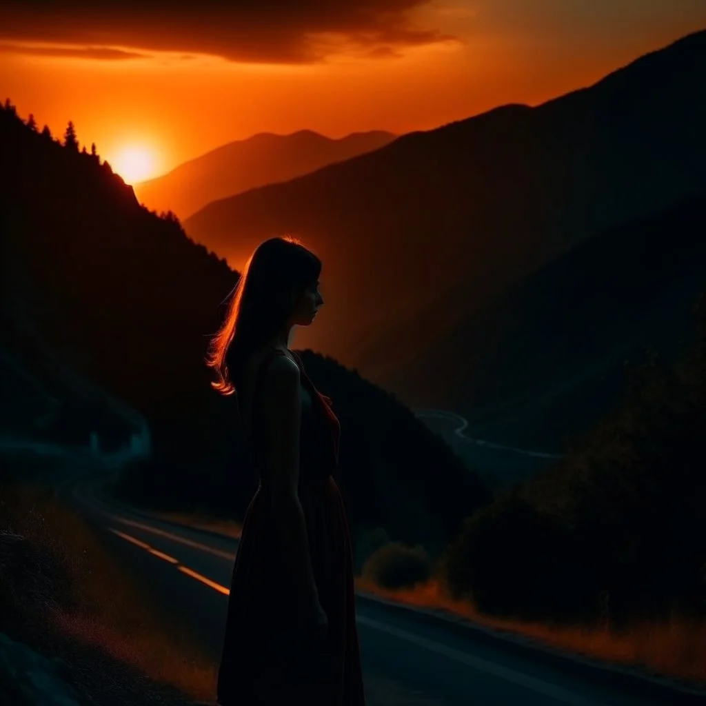 dark night, watching a woman from behind wearing a sleeveless dress, mountains and forests next to the road, a beautiful orange sunrise in the distance, photo quality