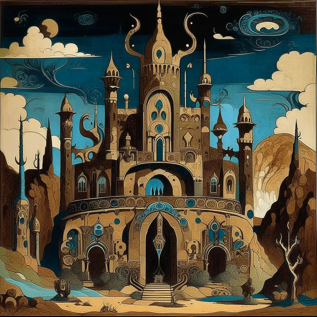 A dark brown palace with swords in a desert designed in cave paintings painted by Wassily Kandinsky