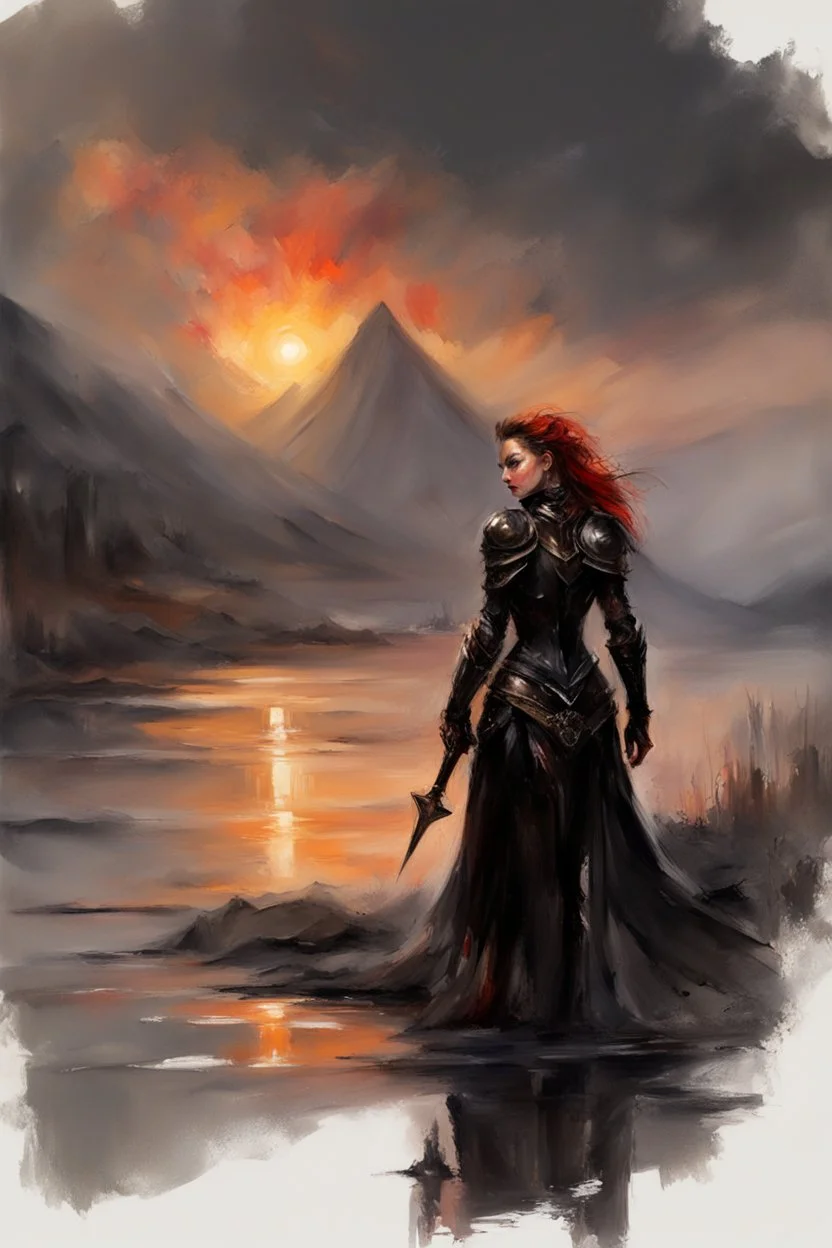 A formidable warrior girl in black armor, on the background Amazing gloomy landscape, flooded with sunset, mountains, trees, fabulous scary hero, , juicy emotions, painting, dark fantasy, gloomy day, dark world, portrait, by Anna Razumovskaya