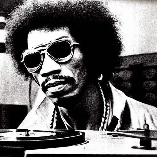 a realistic portrait of Jimi Hendrix at a turntable with headphones on being a DJ, vivid color, with sunglasses