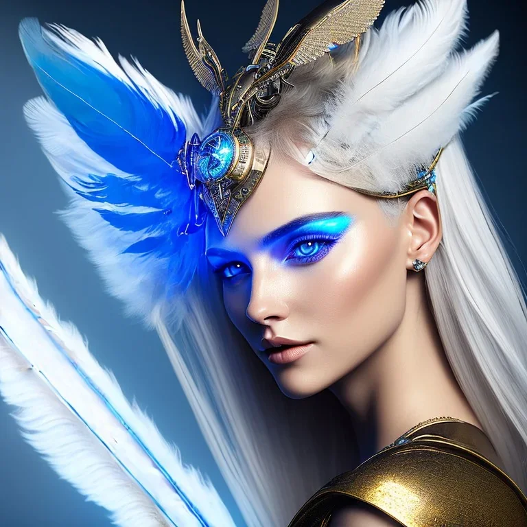 A beautiful portrait of a cute smiling cyberpunk woman with wings, long blond platinum hair, luminous blue eyes, high key lighting, volumetric light high details with blue and white stripes and feathers and white luminous celtic paterns, beam starry background