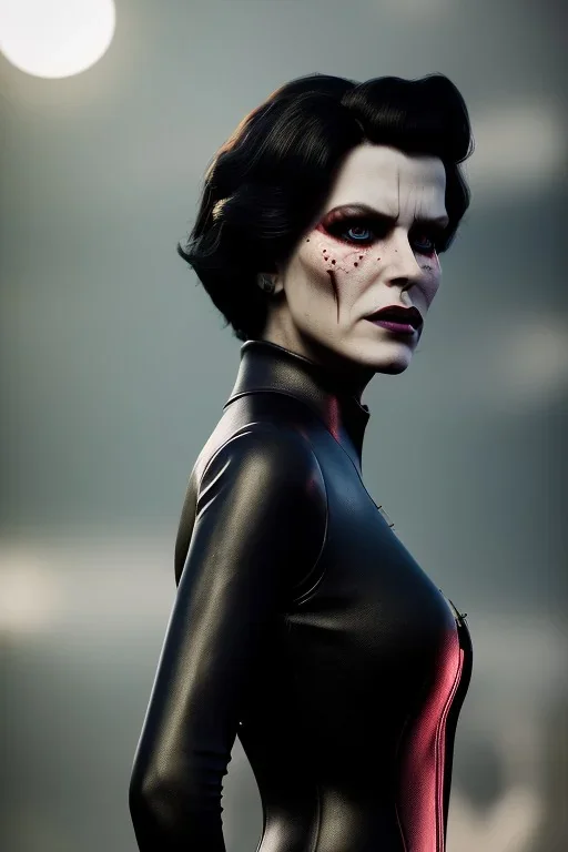 portrait of shae marks as evil queen in black leather catsuit, leather, angry, stern look, volumetric lighting, particales,highly detailed,cinematic, deep colours,8