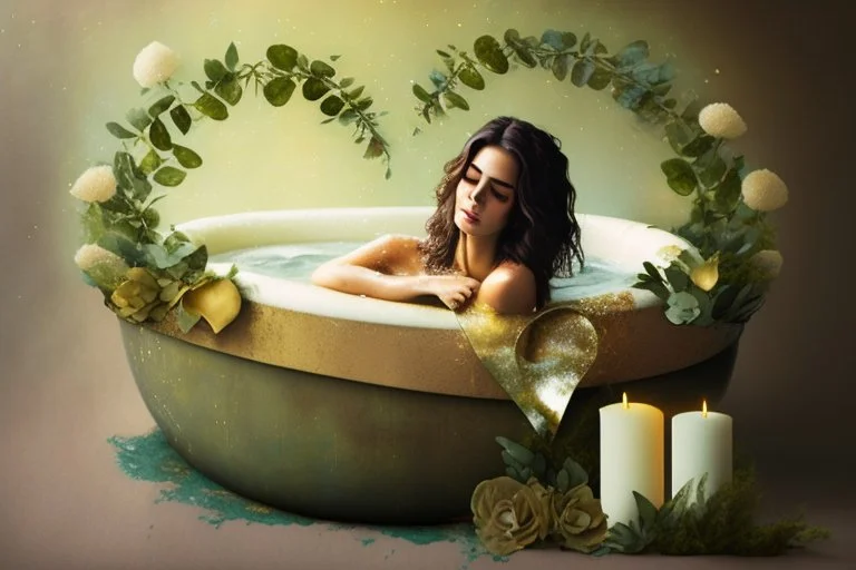 double exposure contented beautiful brunette in a big foam spa bathtube spa things, greenery and flovers, candles, plush towels, soft colors, in sunshine merged layers waterfall heart and love: burlap battery corrosion golden patina watercolor and glittering ink