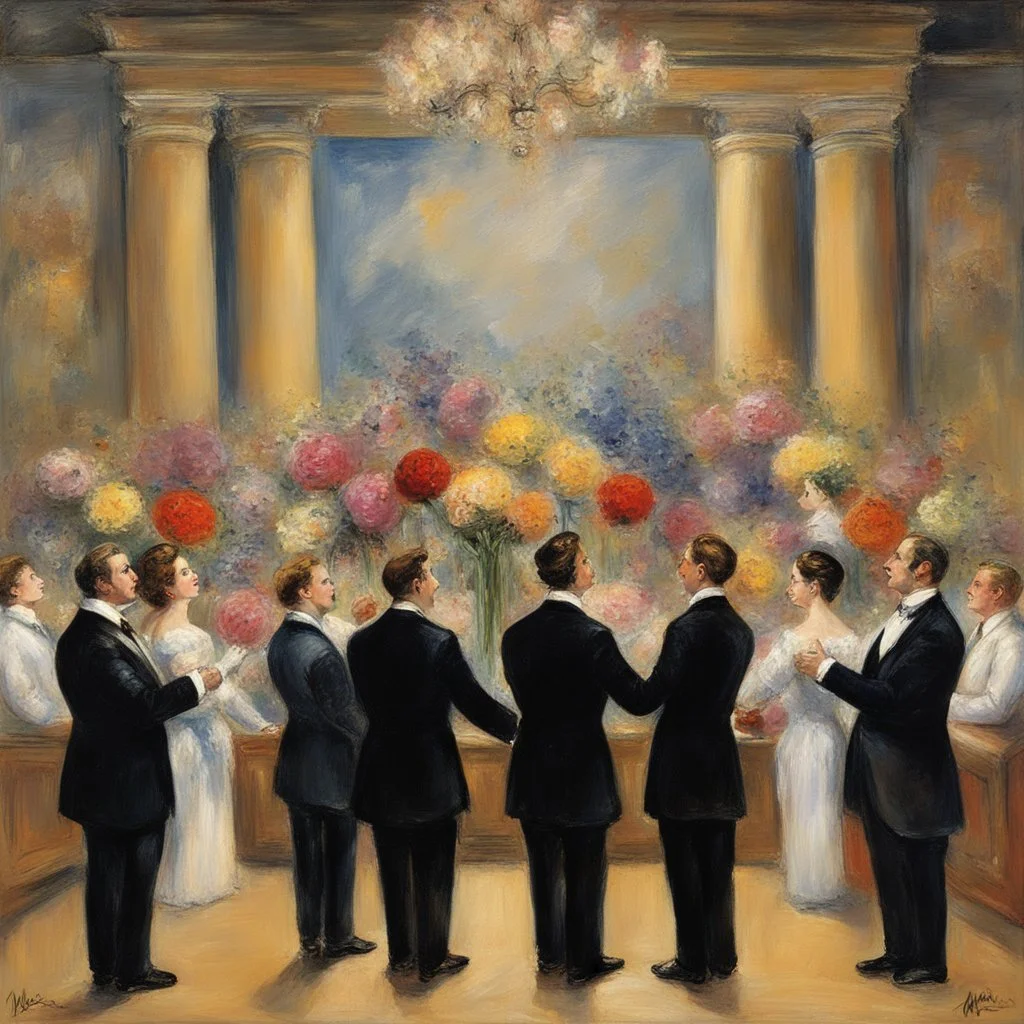 from perspective behind, the Four Tenors taking bows on stage at the Met opera house, high society black tie affair, opera motifs and aesthetic, impressionist painting by Renoir, loose brush strokes, colorful, dramatic, bouquets of flowers being thrown