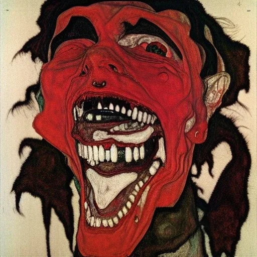 Disfigured Vampire,big canine teeth with blood, by egon Schiele