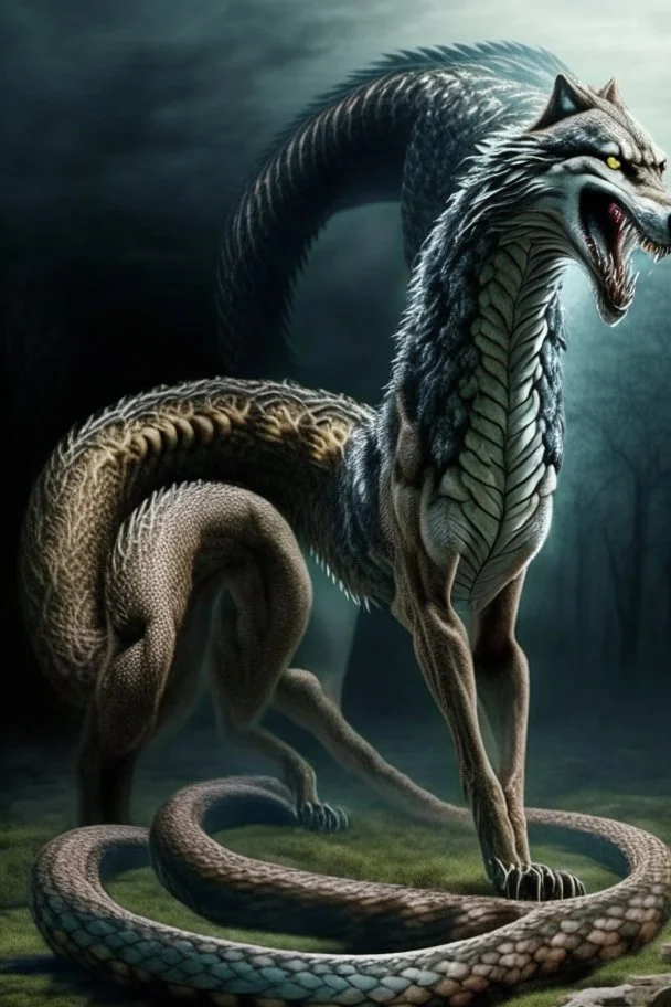 huge humanoid wolf with a snake instead of tail