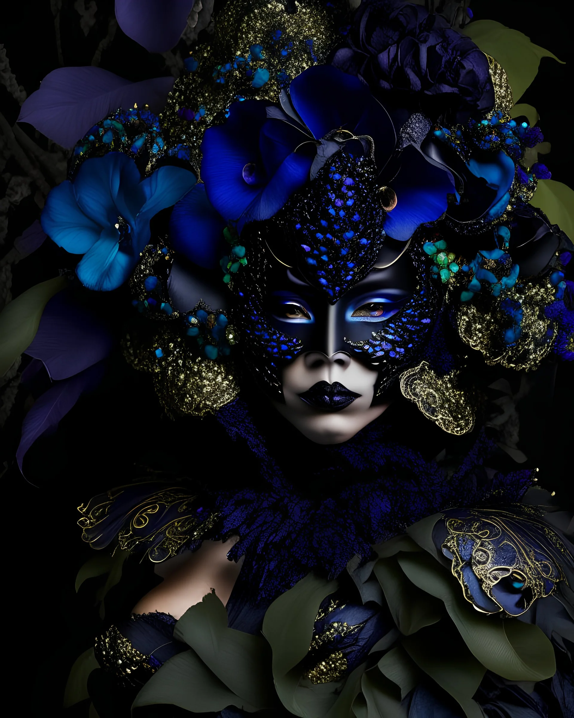 Beautiful venetian black orchid flower and black hydrangeaa and black mollusk shell colour bioluminescense black orchidl flower carnival style voidcore shamanism masquerade woman portrait adorned with black hydrangea and black and oil blue and malachite colour mineral stone ribbed headdress and black orchid foral leaves botanical black hydrangea metallic filigree masque venetian rennaisace mollusk shell colour extremely detailed hyperrealistic portrait art