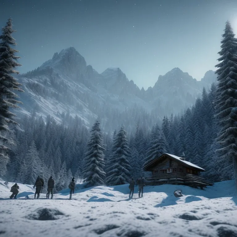 Five people hunting in snowy forest, sense of fear, mountain hut in the background, Alps, night sky, 8k, HD, cinematography, photorealistic, Cinematic, Color Grading, Ultra-Wide Angle, Depth of Field, hyper-detailed, beautifully color-coded, insane details, intricate details, beautifully color graded, Cinematic, Color Grading, Editorial Photography, Depth of Field, DOF, Tilt Blur, White Balance, 32k, Super-Resolution, Megapixel, ProPhoto RGB, VR, Halfrear Lighting, Backlight, Natural Lighting