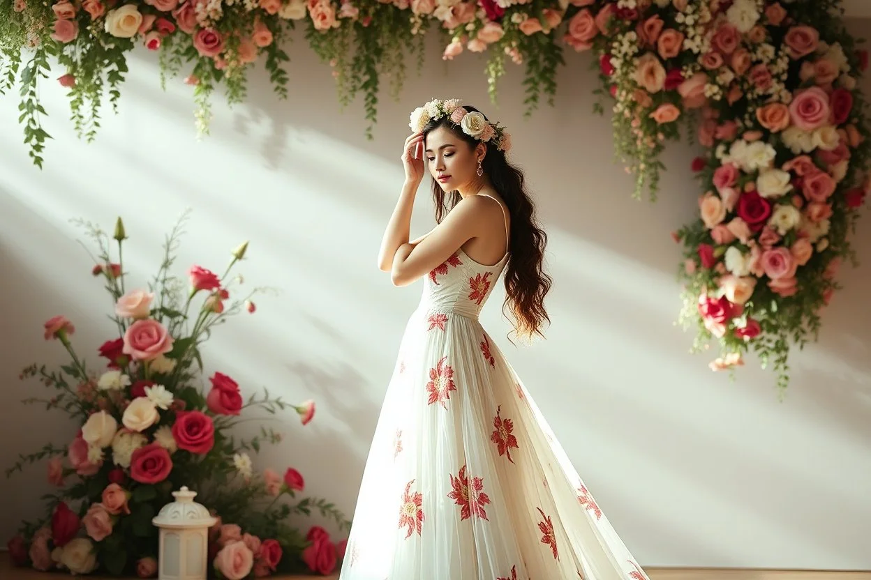 picture of lady with a maxi dress flower stye design posing in a art an romantic stage