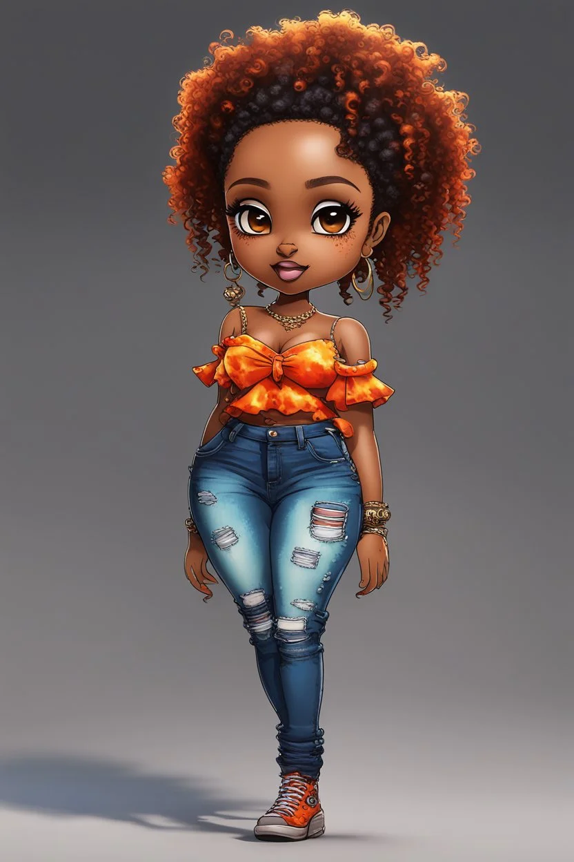 create a colorful digital urban culture art image 8k of a chibi curvy black female wearing torn jeans pants and a orange tie dye off the shoulder blouse. Prominent make up with hazel eyes. Highly detailed long tight curly PONYTAIL