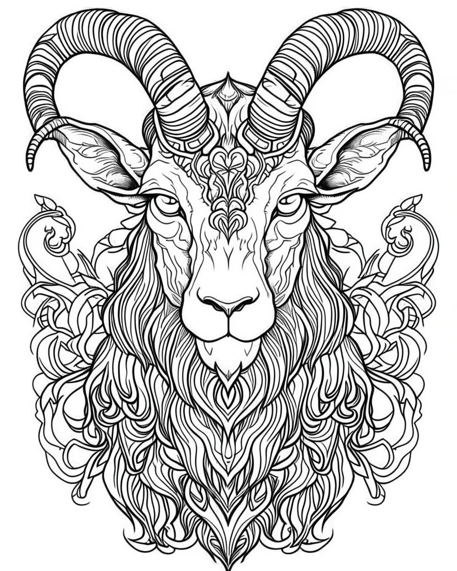 satanist goat tattoo, coloring book page, clean line art, adults drawing book, Black and white only, crisp black lines, sharp lines, coloring page for adults, black and white picture, lots of details, tattoo style,tattoo ideas, full body, without shadows and colors