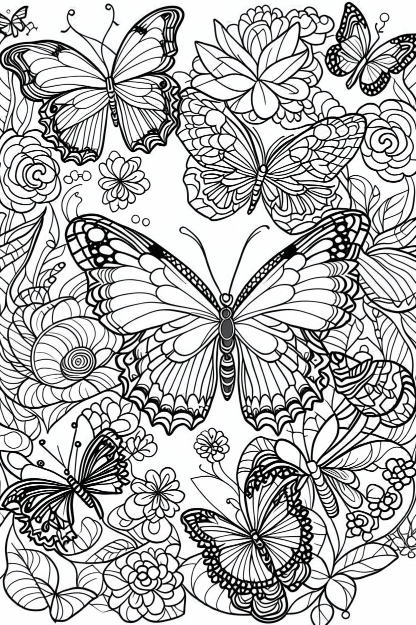 HAPPY NEW YEAR colouring page for kids,Butterfly flutters among radiant flowers, thick outline, low details, no shading, no colour