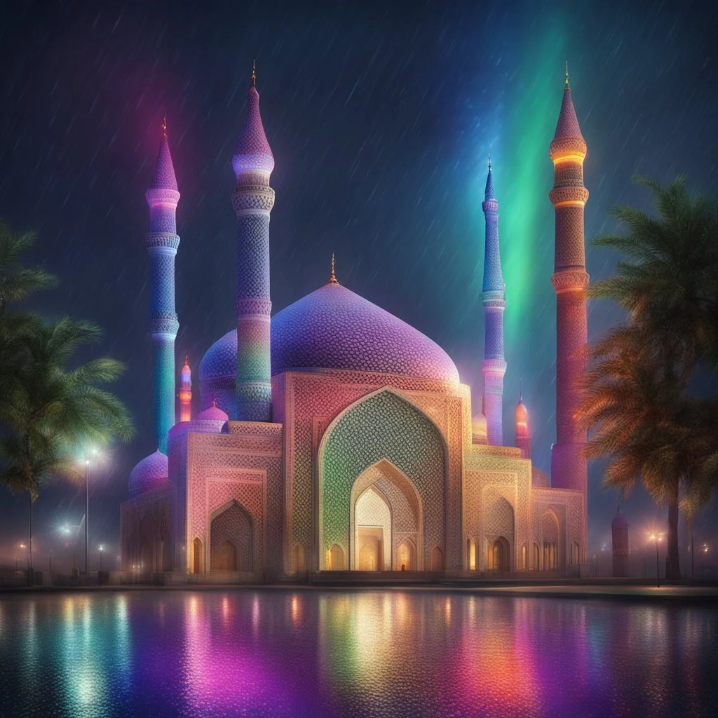 Hyper Realistic rainbow textured Mosque at beautiful rainy night with decorative lights