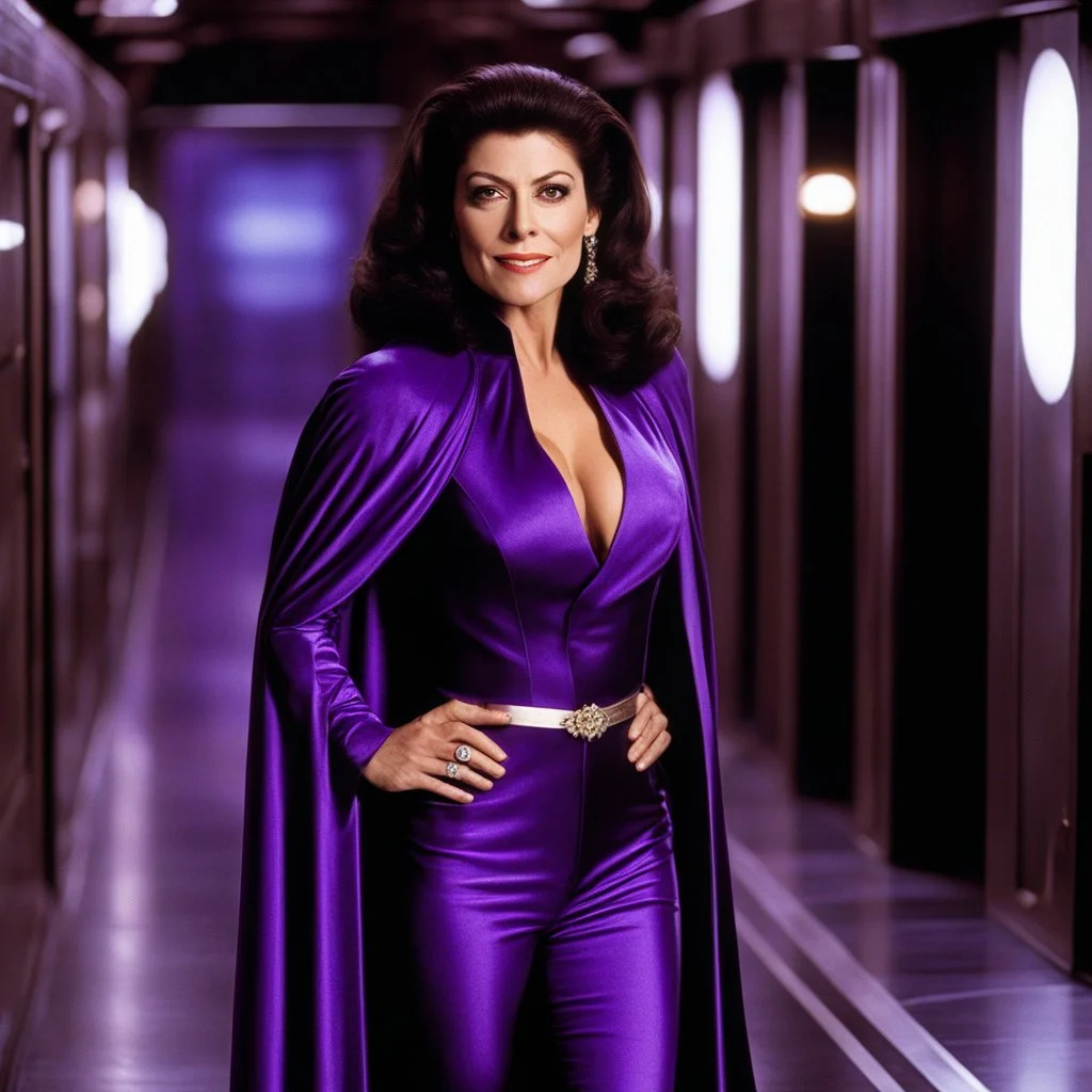 youthful Marina Sirtis as Deanna Troy in a purple velvet suit with a short cape: she's in the corridor of an Empire Star Destroyer