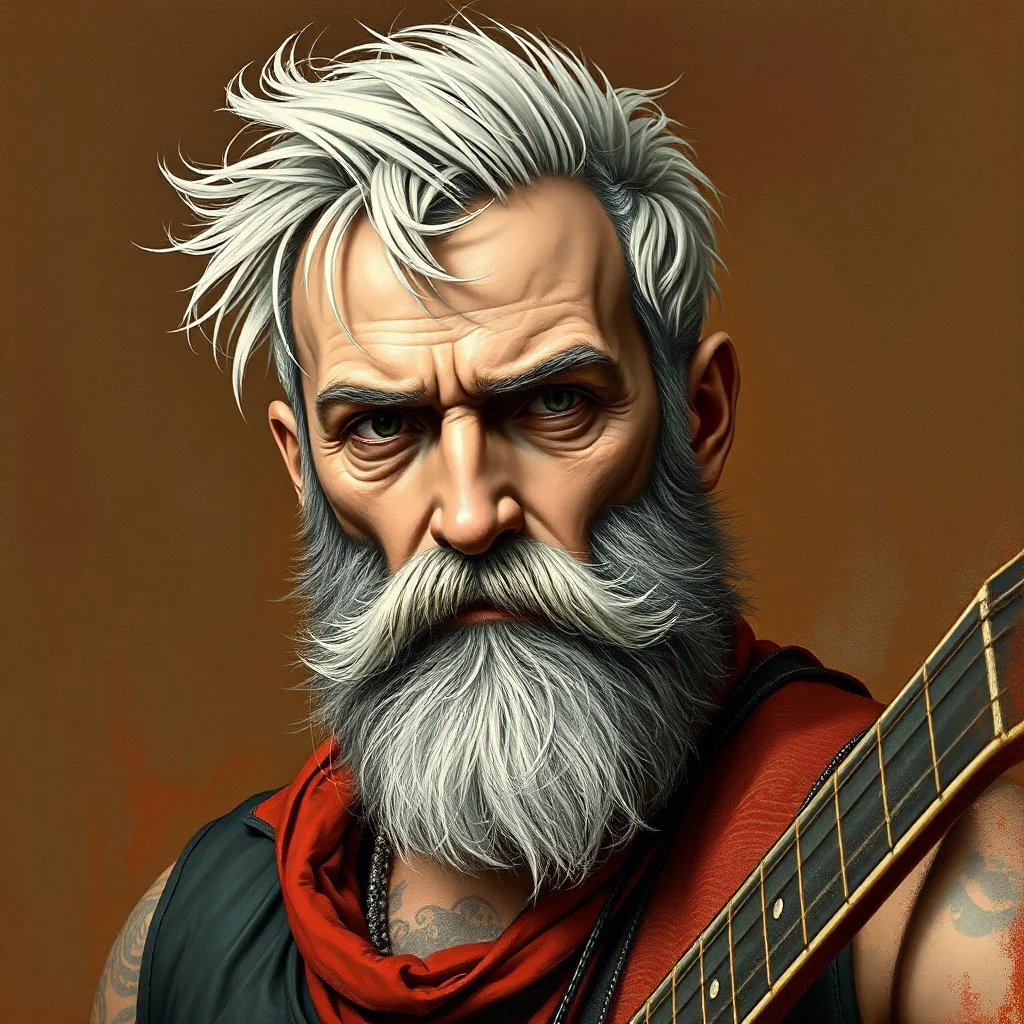 short haired bearded rockstar human bard 80s fantasy