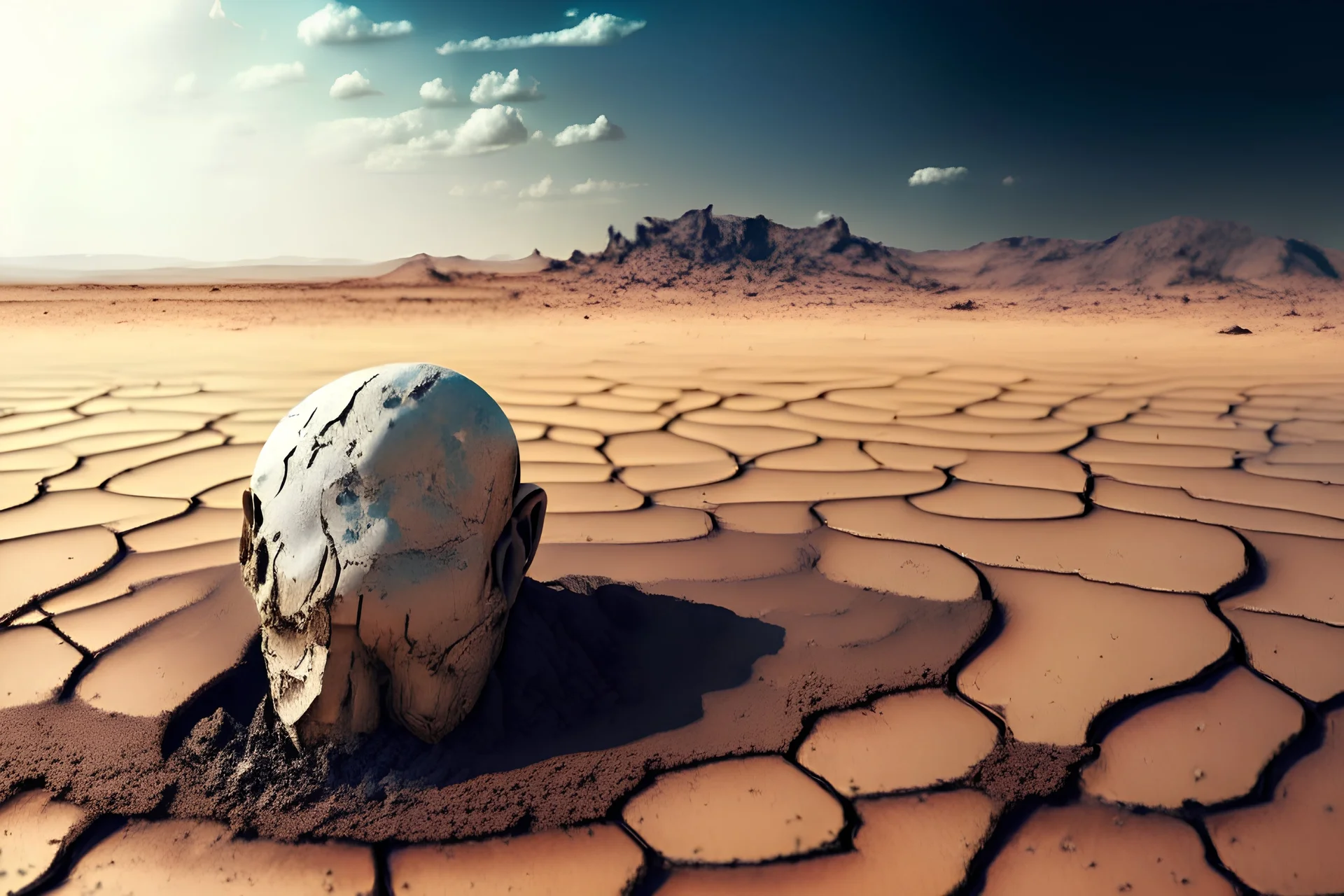 A picture of an AI in the foreground, in the background drought-cracked earth