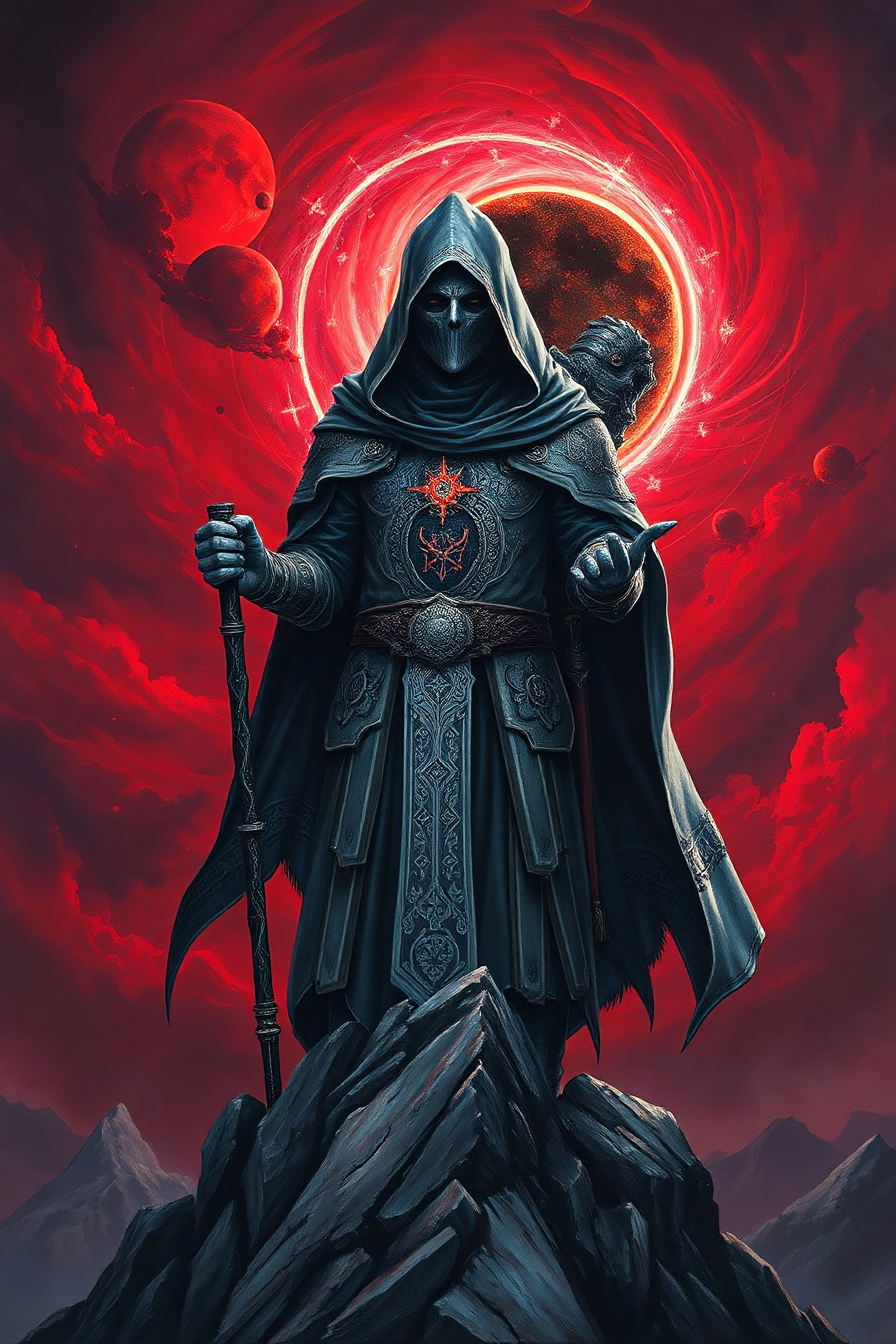 A mysteriously cloaked figure, adorned in intricate silver armor adorned with arcane symbols. They carry a gleaming obsidian staff, glowing with an otherworldly light. The painting captures the explorer standing atop a jagged mountain peak, beneath a blood-red sky marked by a swirling, ethereal eclipse. This stunning acrylic painting is a mesmerizing blend of darkwave aesthetics and esoteric lore, intricately rendered with rich detail and vivid colors that draw the viewer into a realm of mystica