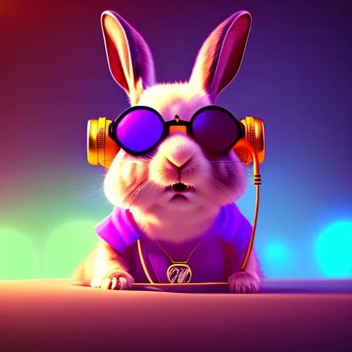 pixar style anamorphic cute smiling baby rabbit, smiling, cyberpunk headphone, sunglass, gangsta gold necklaces, full body, magenta puffer jacket, manila city background, dramatic lighting, hyper realistic, unreal engine 5, 16k