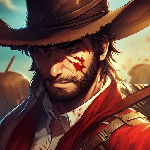 Clear focus, High resolution, max detail, Portrait, bearded, Gunslinger, Cowboy, cowboy hat, serious face, Blood Splatter
