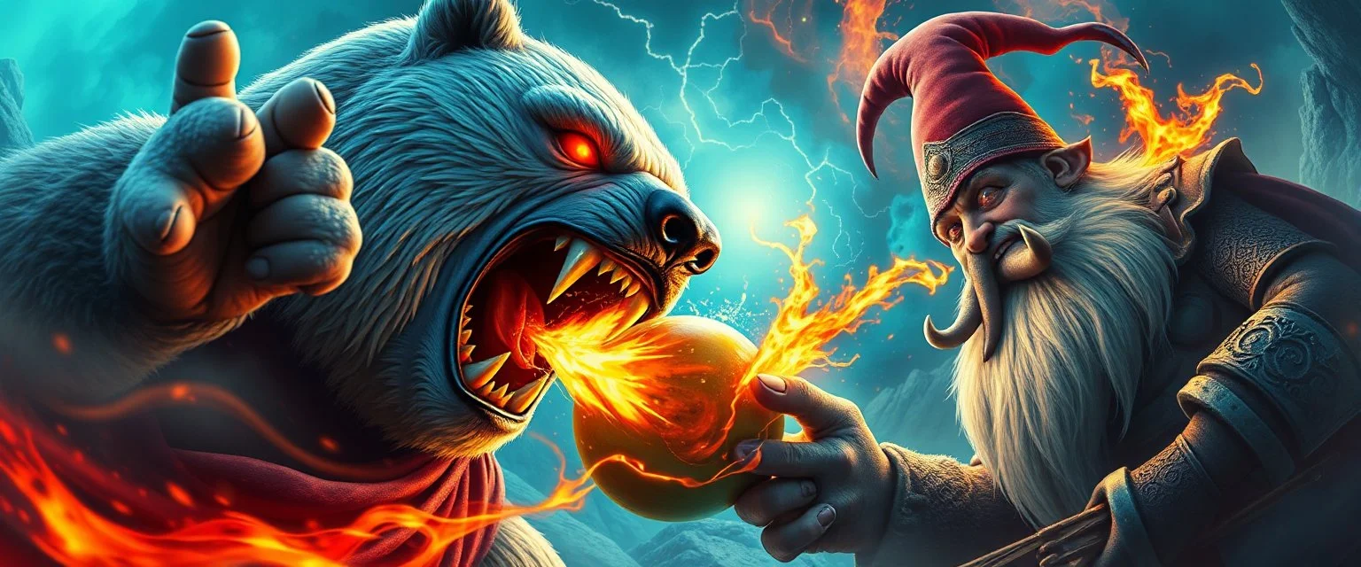 awake within a dream, epic movie poster, fire drop polar bear vampire super hero eating thunder swirling melon with thumbs up grabbed by throat vs gnome goblin rock priest zombie war lord, fish eye lense
