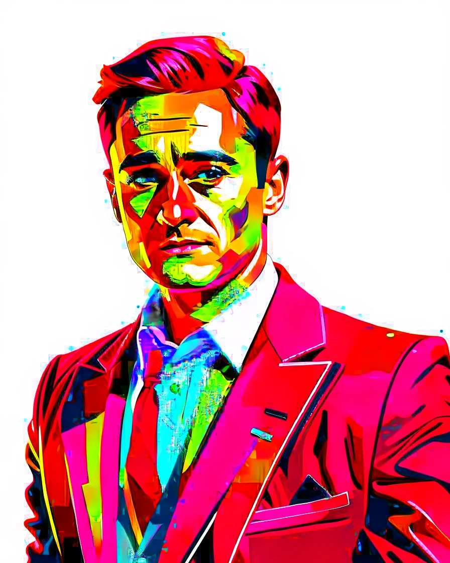 Create a compelling image featuring a man in a red suit with a dapper expression against a white background. Specify a hand-drawn style with bold strokes, emphasizing the meaning of the subject. full head. Ensure the composition captures the essence of elegant expression, creating a visually striking and impactful scene through the use of hand-drawn strokes. Vista frontal