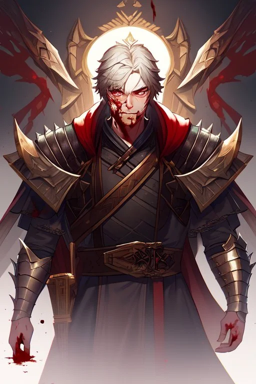 Armored Male Blood Knight Elf by manhwa or korean webtoon style there are lightning and blood spurts around the man, his face pointed at the camera, and with a serious look he lets his opponent know that it's his turn