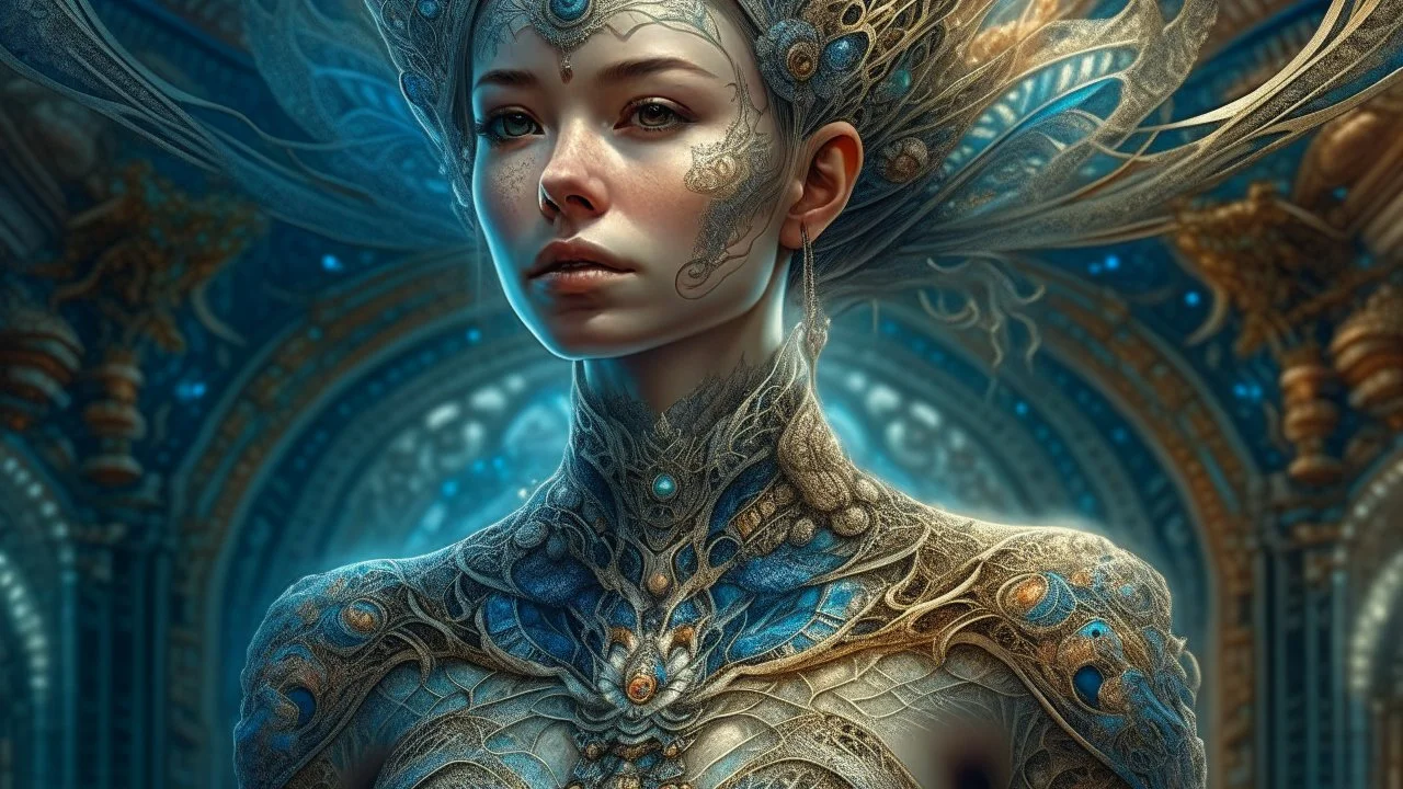 highly intricately detailed photograph of a beautiful celestial filigree lady, centered, fantastical, fantasy, in the style of Android Jones, Anna Dittman, hyperrealistic, a beautiful Digital painting, concept art, trending on artstation, sharp focus, studio photo, intricate details, highly detailed, by greg rutkowski