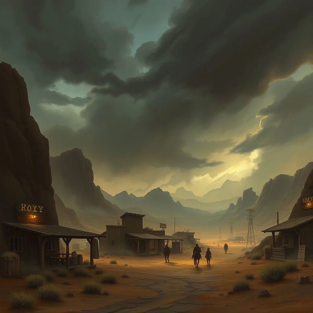 the western desert town called High Noon Hollow with gloomy skies fantasy art