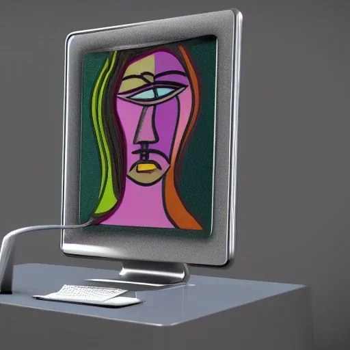 futuristic computer in 3d showing naked woman picasso style