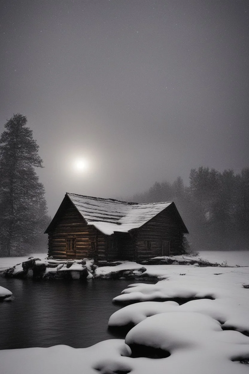 old cabin in a snow storm at night by a lake