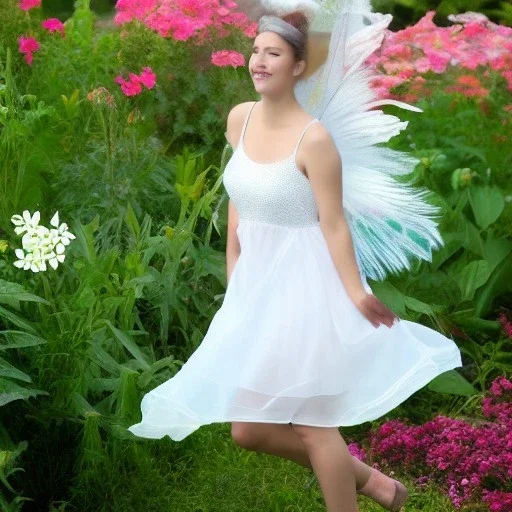 Bright fairy with translucent white wings, short flowing white dress and in a mixed flower garden