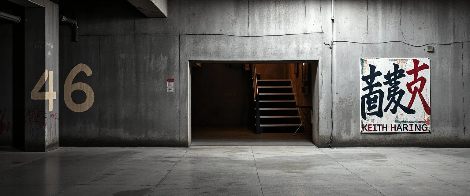 background of wall(wet textured concrete, gray, old, cracked, stained, 1 wall light) from underground parking, hong kong style, a large number "46" painted on left(old faded paint), at middle is an opening into an area with dark stairway, cyberpunk, to the right of opening is a faded keith haring poster