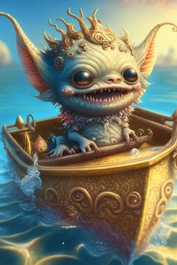 cute happy tiny ocean demon sitting in a boat, intricately detailed, photorealistic, oil on canvas, trending on art station, high definition, hdr, cute, beautiful in sunshine