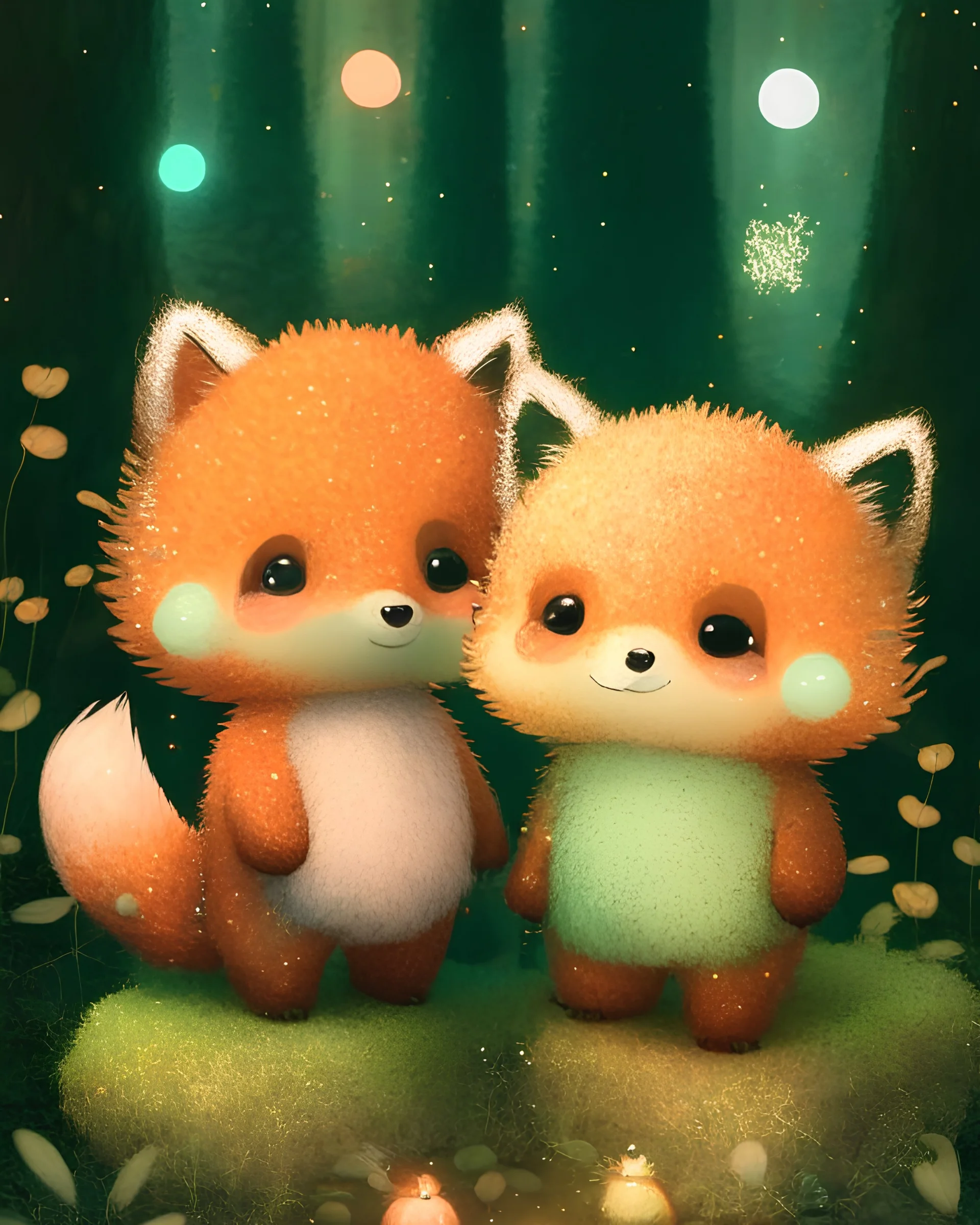 Two fuzzy boys in the forest with big cute heads, small body. Fox tails and ears. Brown pants. Big sparkly glass eyes. Soft baby pastel colours. Fuzzy and hairy. Sparkles around. Green and orange sweet colours. sparkles. Soft toys. Happy.