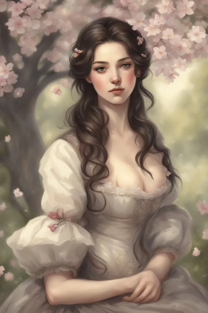 Beautiful Girl in the garden, 18 century, brunette, literally dark hair, dark eyes, fat, smell of sakura, rest, detailed face, england, she is staying under the tree