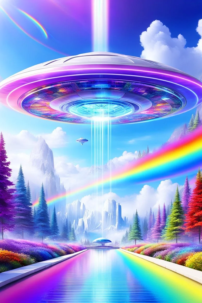 Ufo rainbow, futuriste ultra moderne,heaven,crystal very beautiful city,nature forest flowers colors