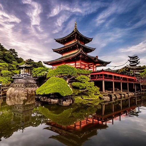 Kiyomizu-dera temple in front of reflective puddle of water and beautiful morning sky, mist, 8k, high-quality, ultrafine-detail, intricate, detailed matte, digital art, brian froud, howard lyon, anna dittmann, Greg Rutowski, alphonse mucha