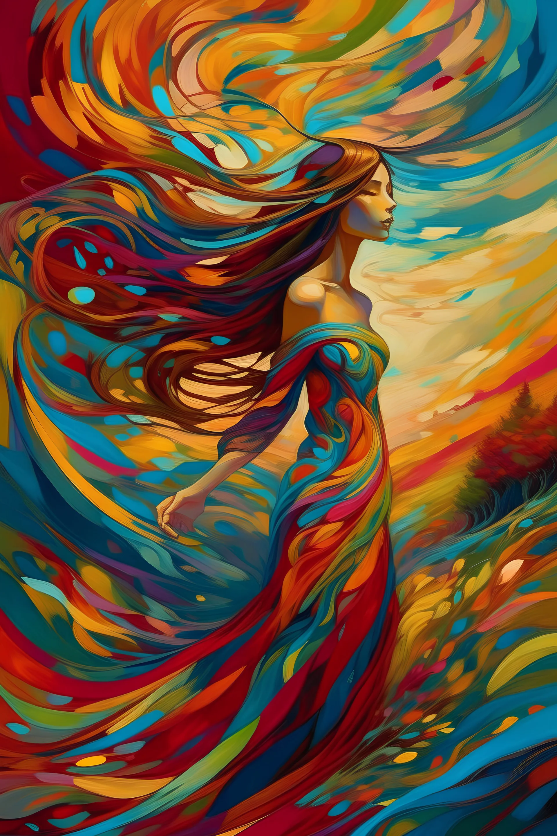 The image features a woman with long hair, who appears to be a statue or a painting, with a flowing dress. She is the main focus of the scene, and her hair is blowing in the wind, giving her a dynamic and lively appearance. The background of the image is filled with a colorful, abstract design, which adds to the overall artistic and visually striking nature of the scene. The combination of the woman's flowing dress and the vibrant background creates a captivating and unique visual experience.