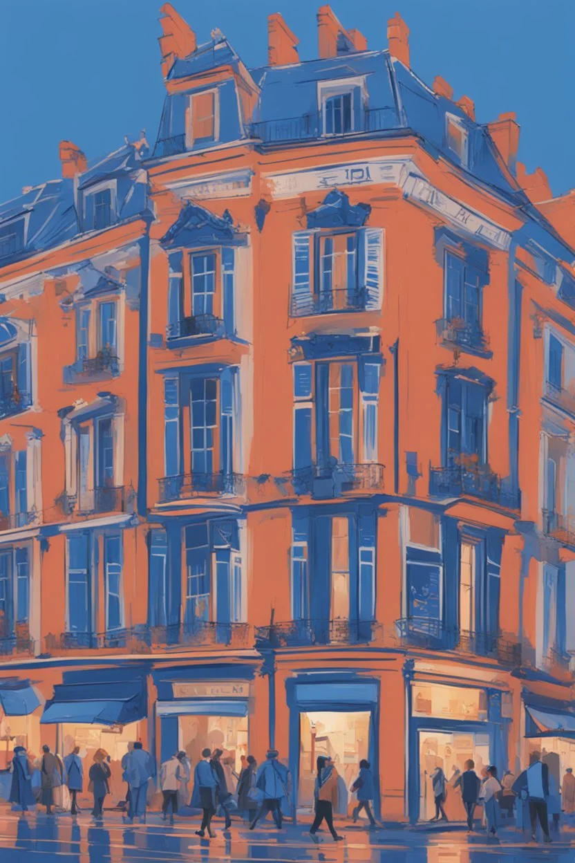 A full street in a big city with frech style building. The street is filled with blue flags held by people late at night