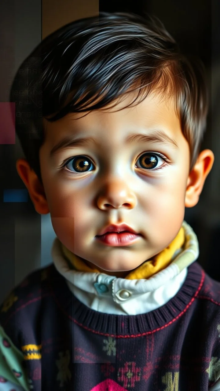 A child in Photomontage, layered colorful art,