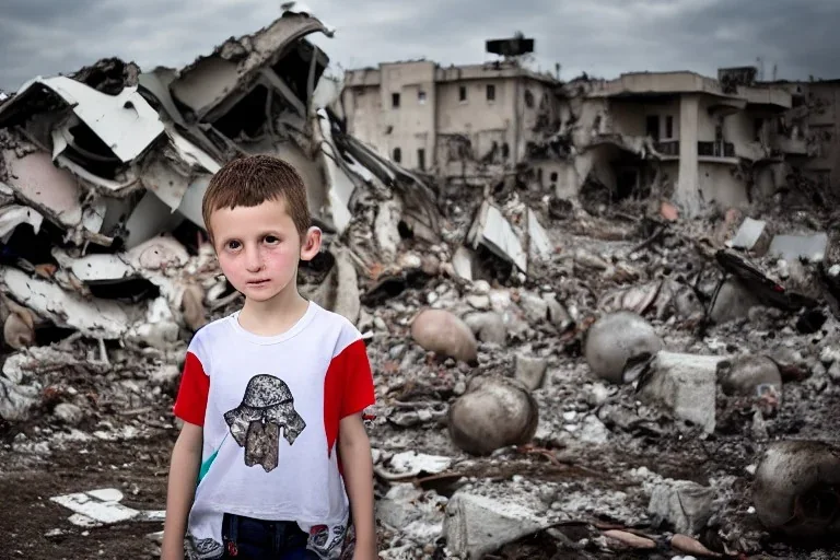 portrait of unkempt ukranian child war refugee wearing a t-shirt with NATO logo standing amidst rubble and ruins with mushroom cloud in the background