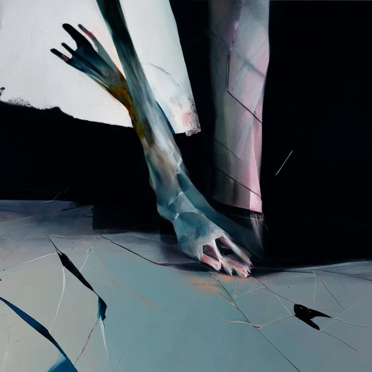 Minimal contemporary abstract oil painting, close up person limbs, concrete fragments, illuminated at dusk of Justin Mortimer And Francis bacon