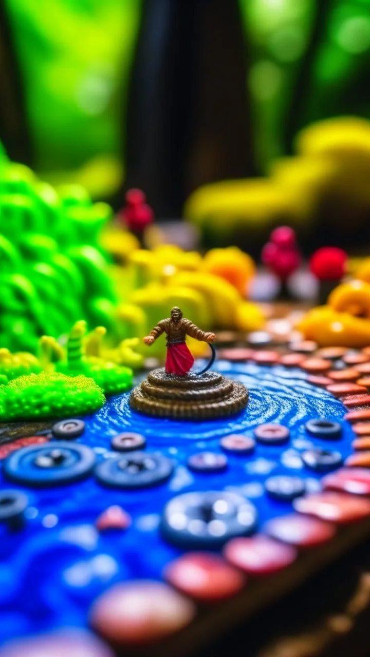 macro of a dreamly board game with a small spiral staircase that ends in a wild waterfall, fujifilm, behind a huge orc hand opens like a storm, strange atmosphere, high detail level