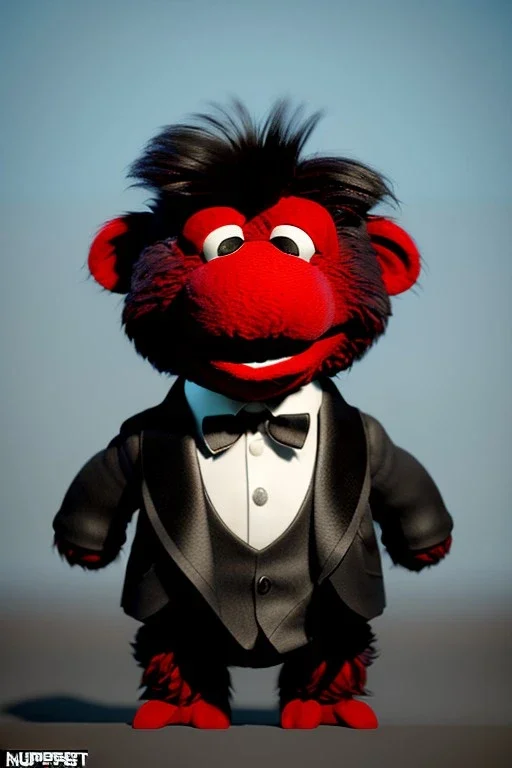 Waist up muppet Portrait, Kim Jong-un as muppet doll, black suit, photo studio, red background, unreal engine 5, concept art, art station, god lights, ray tracing, RTX, lumen lighting, ultra detail, volumetric lighting, 3d.