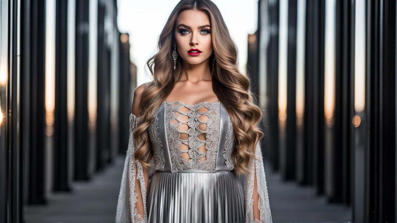 very beautiful model lady with makeup and beautiful modern fashion midi pleated velvet dark silver lace skirt with lace edges and modern loose lace top with a loose over, curvy silver long hair, standing in a modern city open satge with 8 cubic mirrors(each with 4 equal hight and equal width, vertical mirror), each vertical on its own short rotating base. with some small lights on crystal frames, on roof of a skyscraper with city escape at background, with animating dynamic lights with high