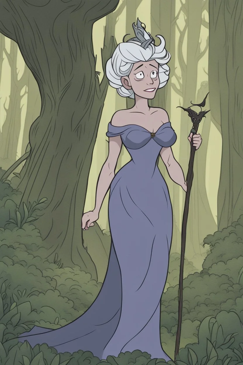 [Disenchantment, Ursula] Deep within the heart of the enchanting forest, where the towering trees swayed in the breeze and the melodies of nature filled the air, Ursula, a tall and imposing figure, embarked on an unexpected journey. Her robust build and sturdy physique made her stand out against the backdrop of lush greenery. Ursula, known for her role as a warrior and protector of Dreamland, had entered the forest with a purpose. In her human form, she bore wild, blond hair that flowed untame